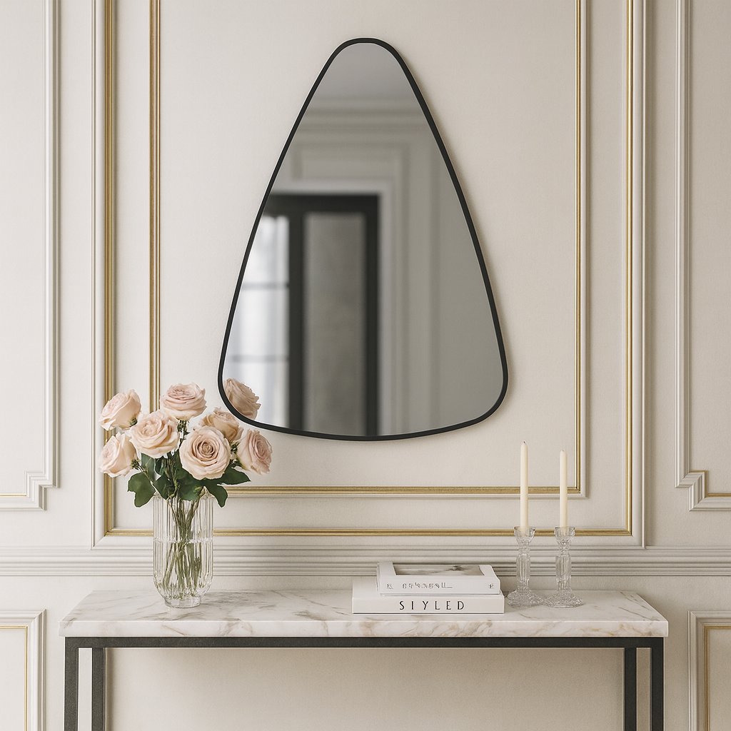 Modern Asimetrik Duvar Aynası – Siyah Çerçeveli Dekoratif Banyo ve Salon Aynası