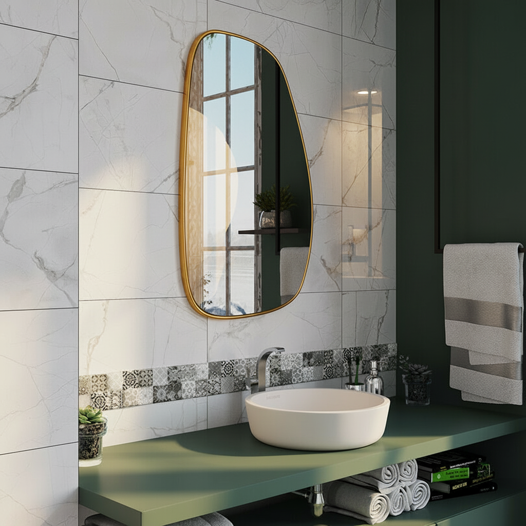 Modern Organik Form Banyo Aynası – Çerçeveli Asimetrik Duvar Aynası | Minimalist Şık Dekor Ayna