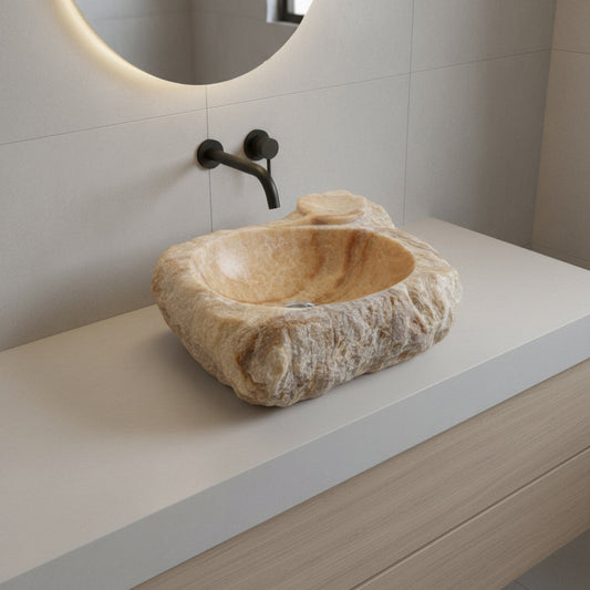 Honey Onyx Marble Lavabo – Doğal Honey Onyx Mermer Tezgâh Üstü Banyo Lavabosu (L 55 × W 45 × H 14 cm)