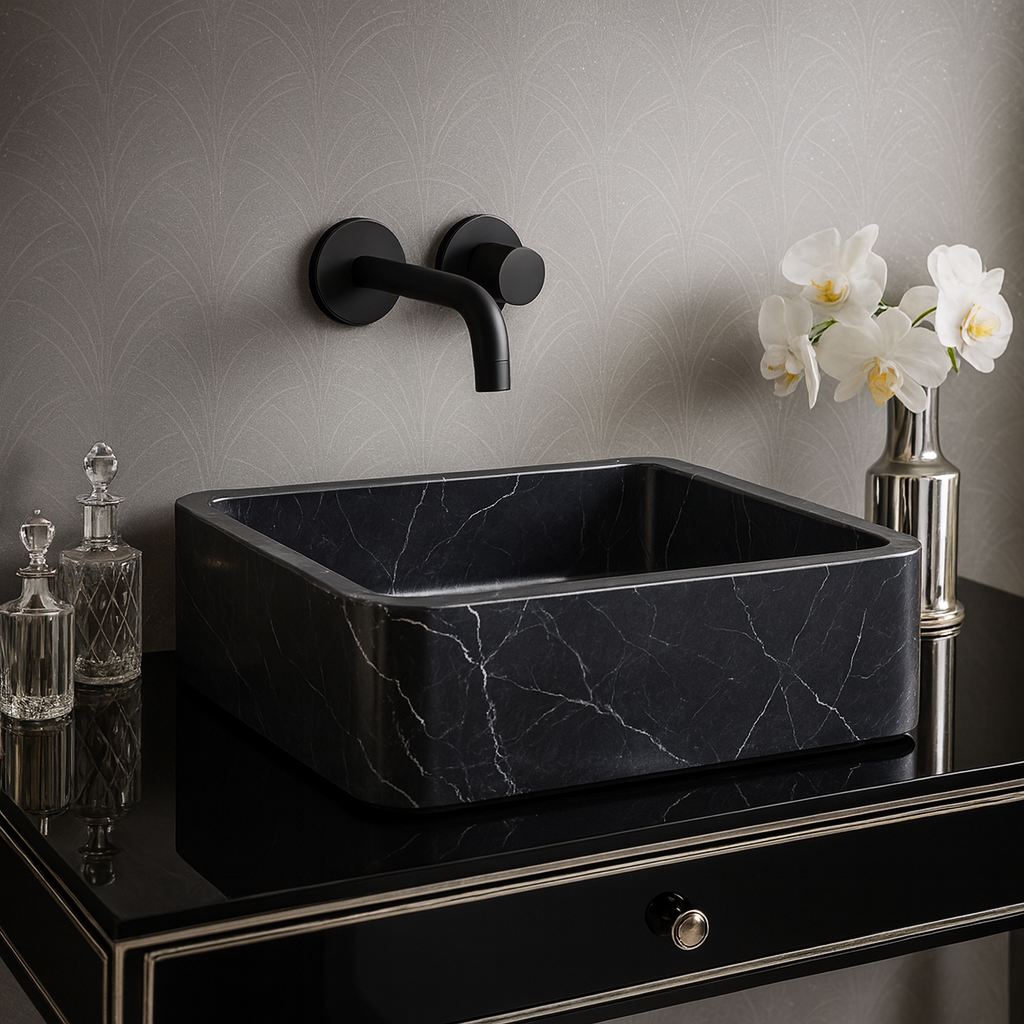 Toros Siyah Mermer Lavabo – Dikdörtgen El Yapımı Banyo Lavabosu (55×35×14 cm)