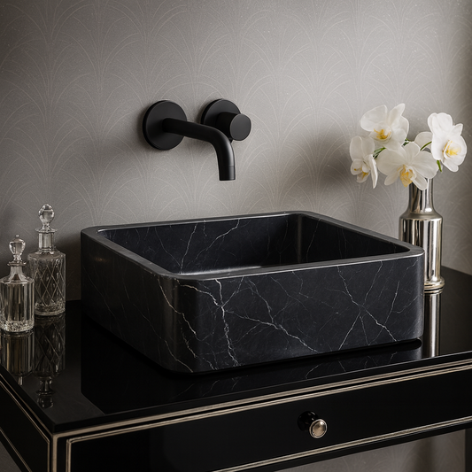 Toros Siyah Mermer Lavabo – Dikdörtgen El Yapımı Banyo Lavabosu (55×35×14 cm)