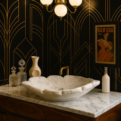 El Yapımı Mermer Yaprak Formu Lavabo – Doğal Taş Banyo Tezgâh Üstü Lavabo