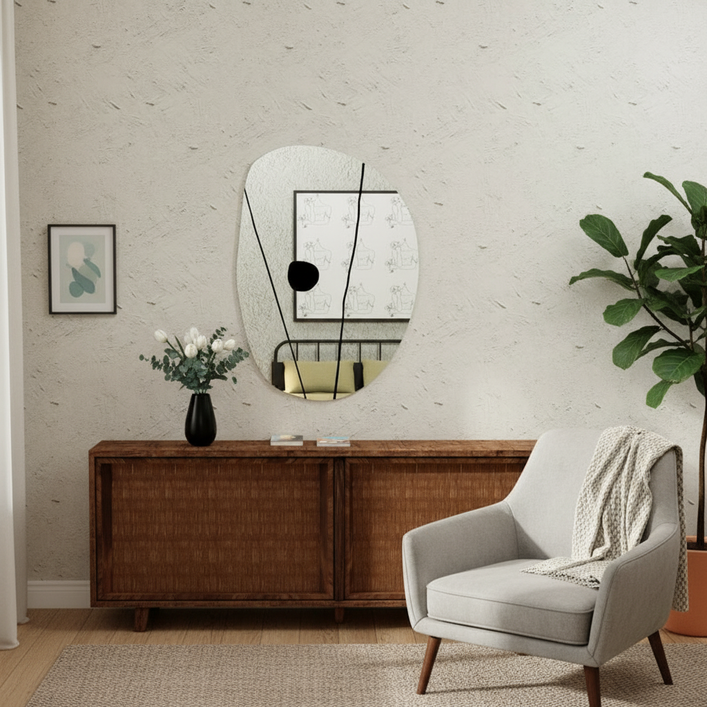 Modern Organik Form Dekoratif Duvar Aynası – Tasarım Asimetrik Banyo Aynası, Şık Minimalist Ayna Modeli