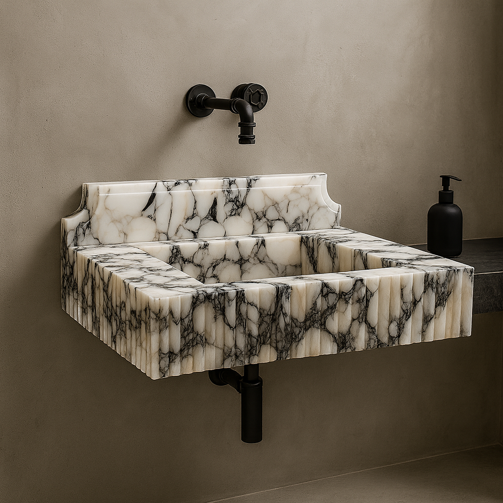 Calacatta Viola Mermer Çift Lavabolu Özel Tasarım Banyo Lavabosu – Fluted (Yivli) Blok Mermer Tezgâh Üstü Modeli – L90 × W50 × H30,5 cm