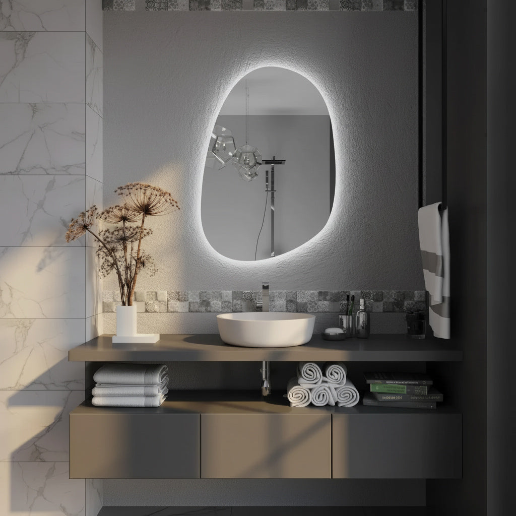 Modern Asimetrik LED Banyo Aynası – Organik Form Dekoratif Duvar Ayna Tasarımı