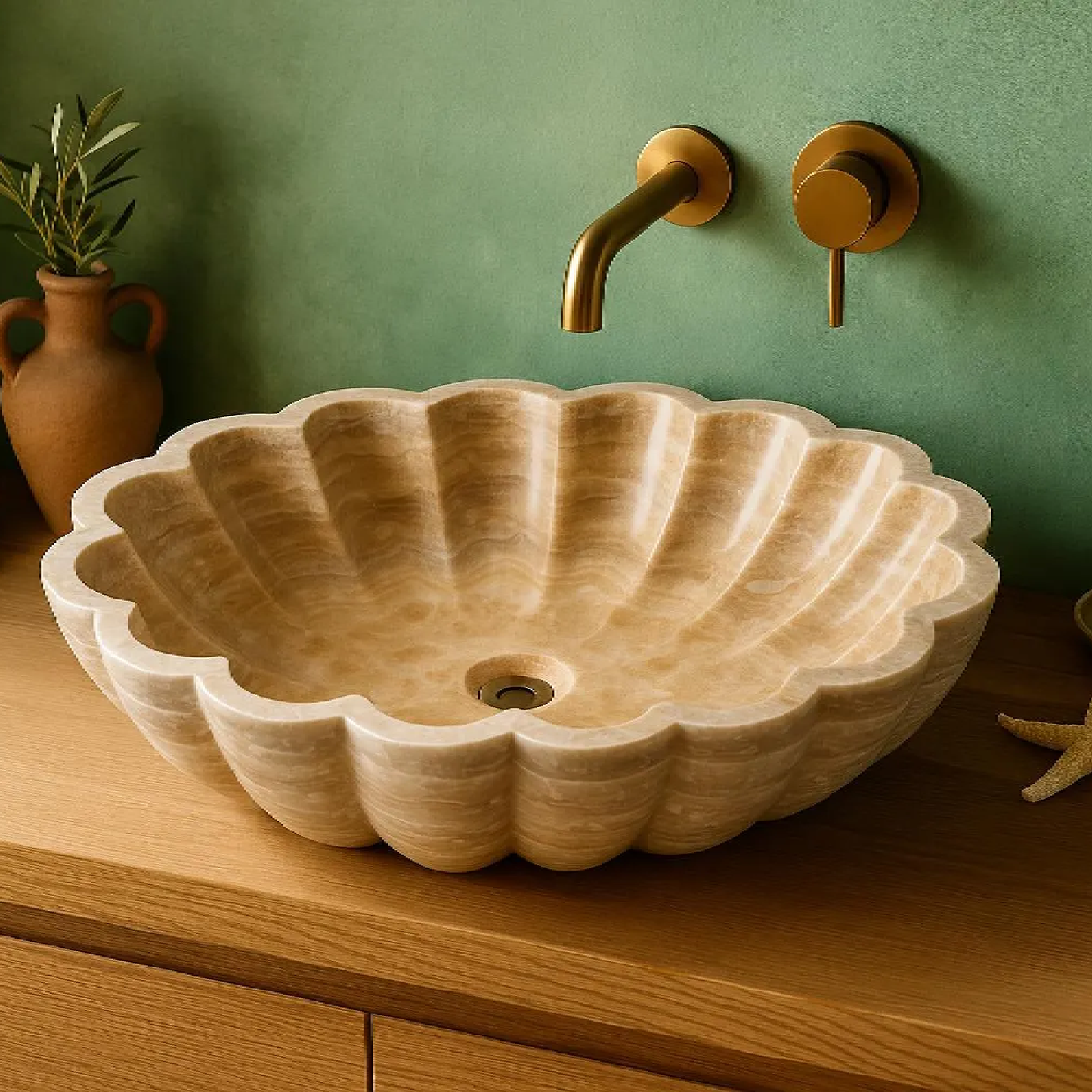 Doğal Traverten Mermer Oval Çiçek Formu Lavabo – El İşçiliği Banyo Tezgâh Üstü Lavabo (55 × 42 × 14 cm)