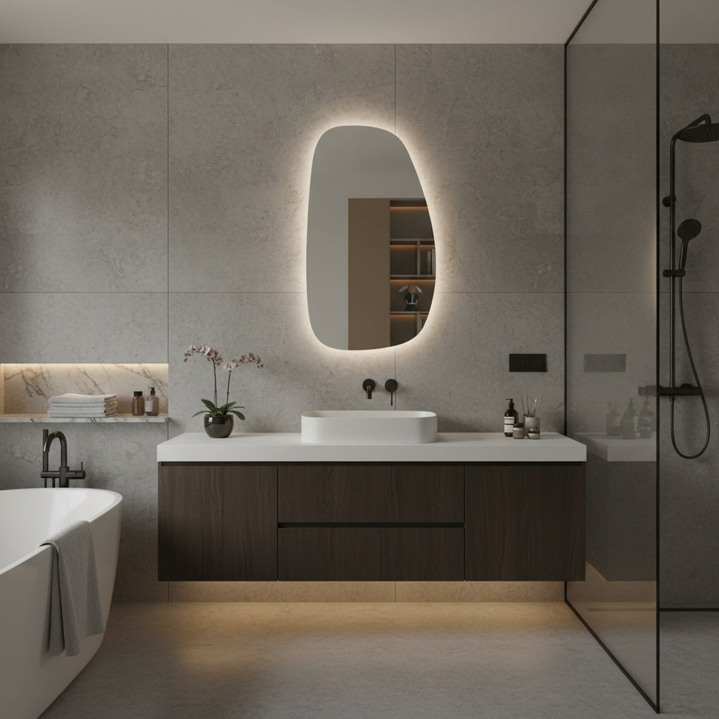 Modern Asimetrik LED Ayna – Organik Şekilli Duvar Aynası, Dekoratif Işıklı Banyo Aynası