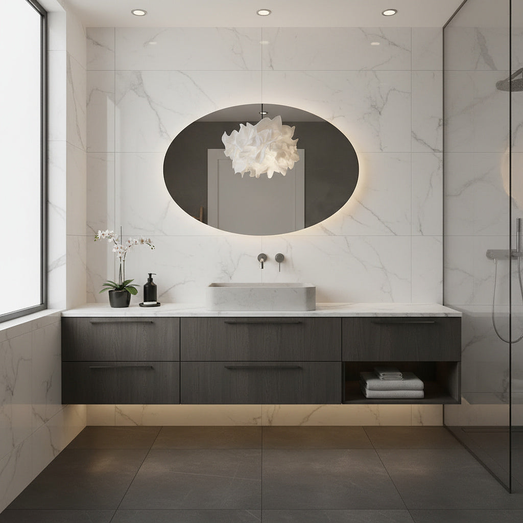 Modern Oval LED Ayna – Işıklı Dekoratif Banyo Aynası | Şık Duvar Aksesuarı