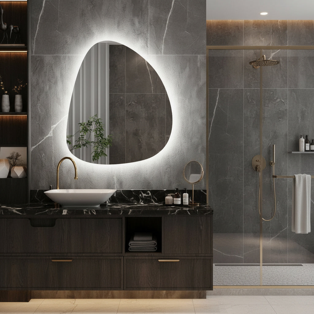Modern Asimetrik LED Ayna – Organik Şekilli Dekoratif Banyo Aynası, Arka Işıklı Tasarım