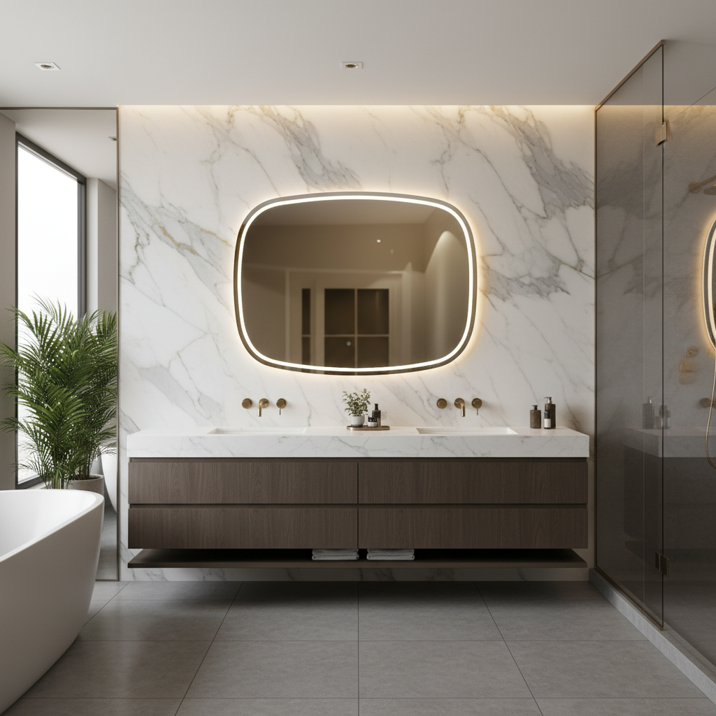 Modern LED Aydınlatmalı Organik Duvar Aynası – Asimetrik Tasarım Banyo ve Salon Dekor Aynası