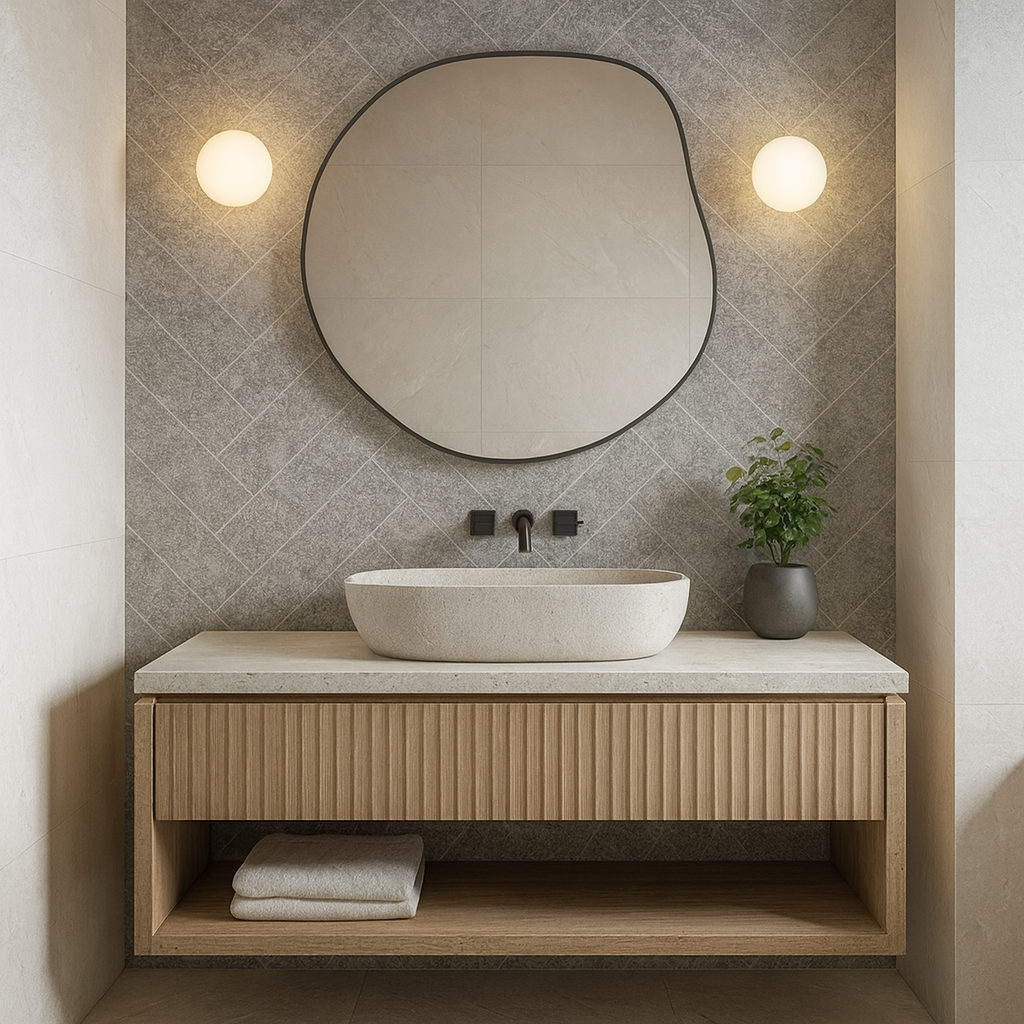 Modern Asimetrik Duvar Aynası – Organik Form Yuvarlak Banyo Aynası Çerçeveli | Dekoratif Minimal Ayna