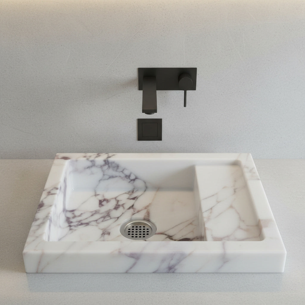 Calacatta Viola Mermer Duvara Monte Lavabo – Özel Üretim Lüks Banyo Lavabosu (36×46×13 cm)