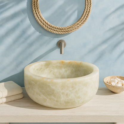 Oniks Mermer Yuvarlak Lavabo – Doğal Taş El Yapımı Oniks Banyo Lavabosu (40×40×15 cm)