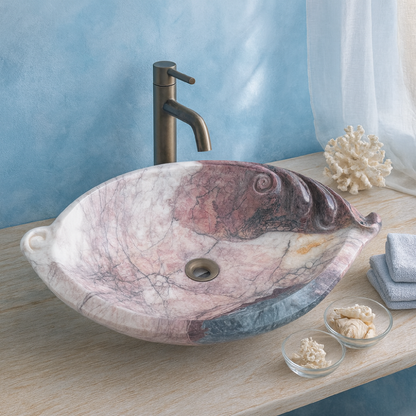 Rosso Levanto Marble Lavabo – Doğal Rosso Levanto Mermer Tezgâh Üstü Banyo Lavabosu (L 65 × W 40 × H 14 cm)