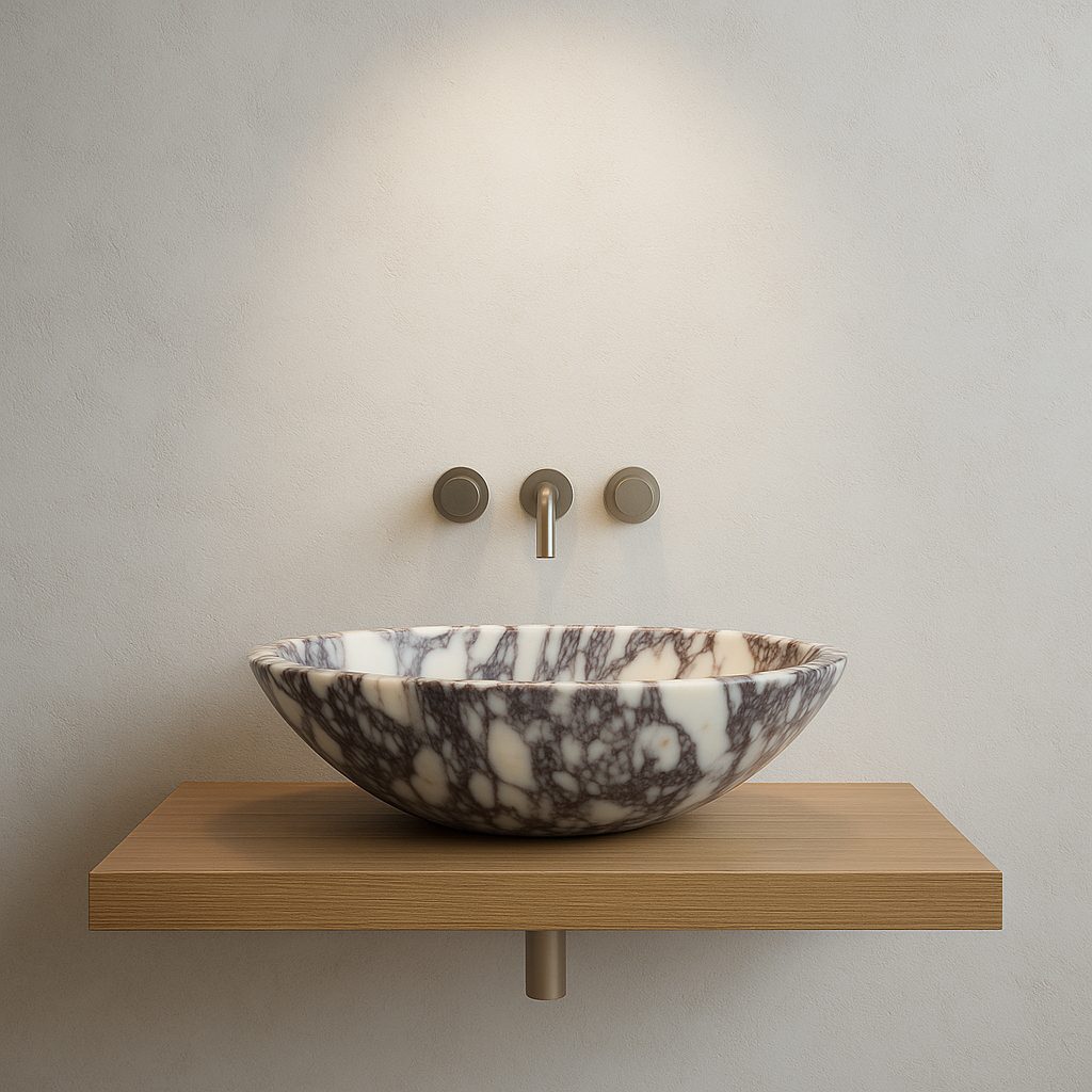Calacatta Viola Mermer Lavabo – L36 × W46 × H13 cm | El Yapımı Doğal Mermer Banyo Lavabosu