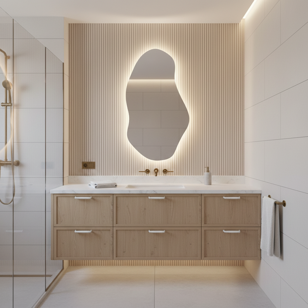 Asimetrik LED Banyo Aynası – Modern Dekoratif Işıklı Ayna, Organik Tasarım Arkadan Aydınlatmalı Ayna