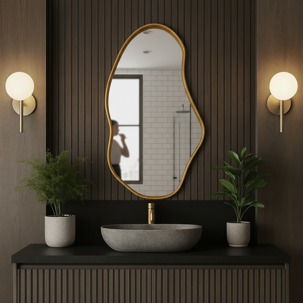 Modern Asimetrik Duvar Aynası – Organik Form Çerçeveli Dekoratif Banyo ve Salon Aynası