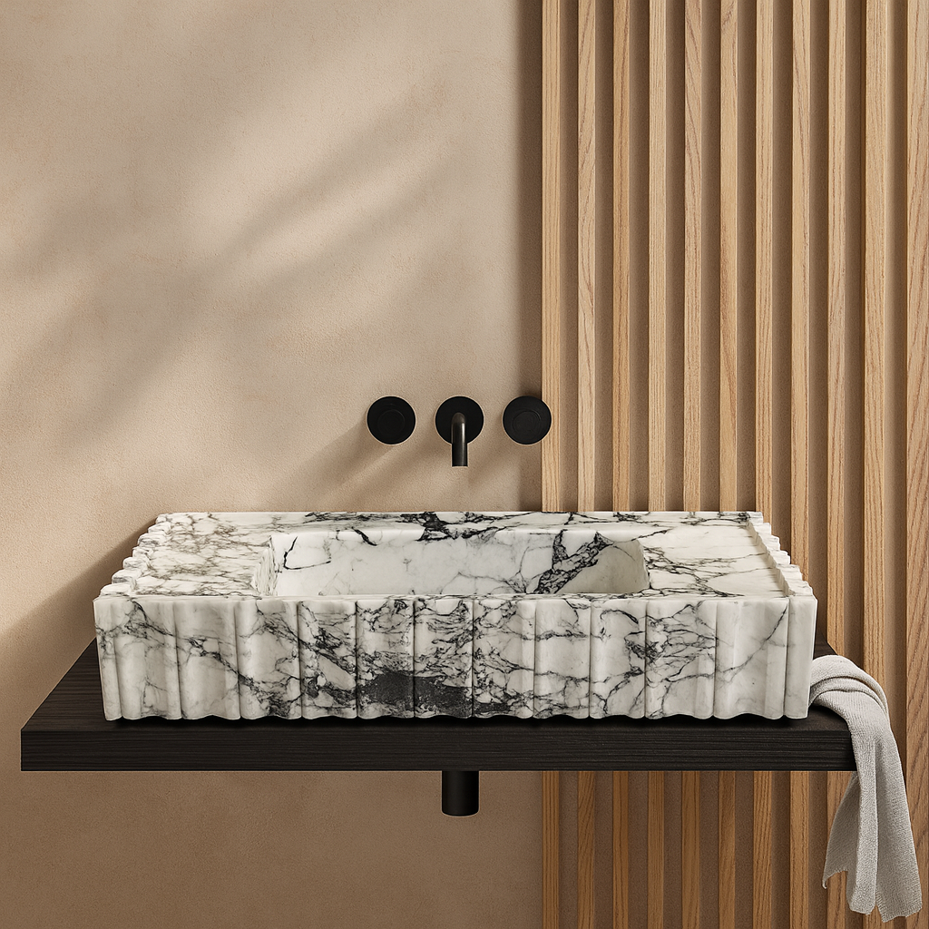 Calacatta Viola Mermer Duvara Monte Banyo Lavabosu – Flütlü Dikdörtgen Tasarım (L71 × W46 × H15 cm)