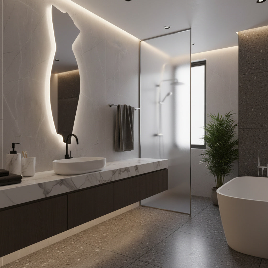 Asimetrik LED Ayna | Modern Dekoratif Banyo Aynası | Tasarım Organik Form LED Işıklı Ayna