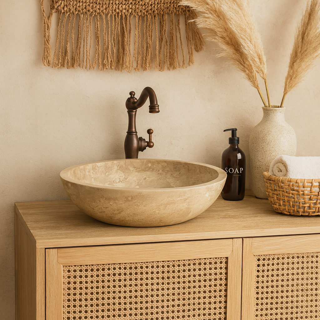 Light Travertine Mermer Lavabo – Doğal Traverten Taş Banyo Lavabosu | 40,5 × 40,5 × 10 cm