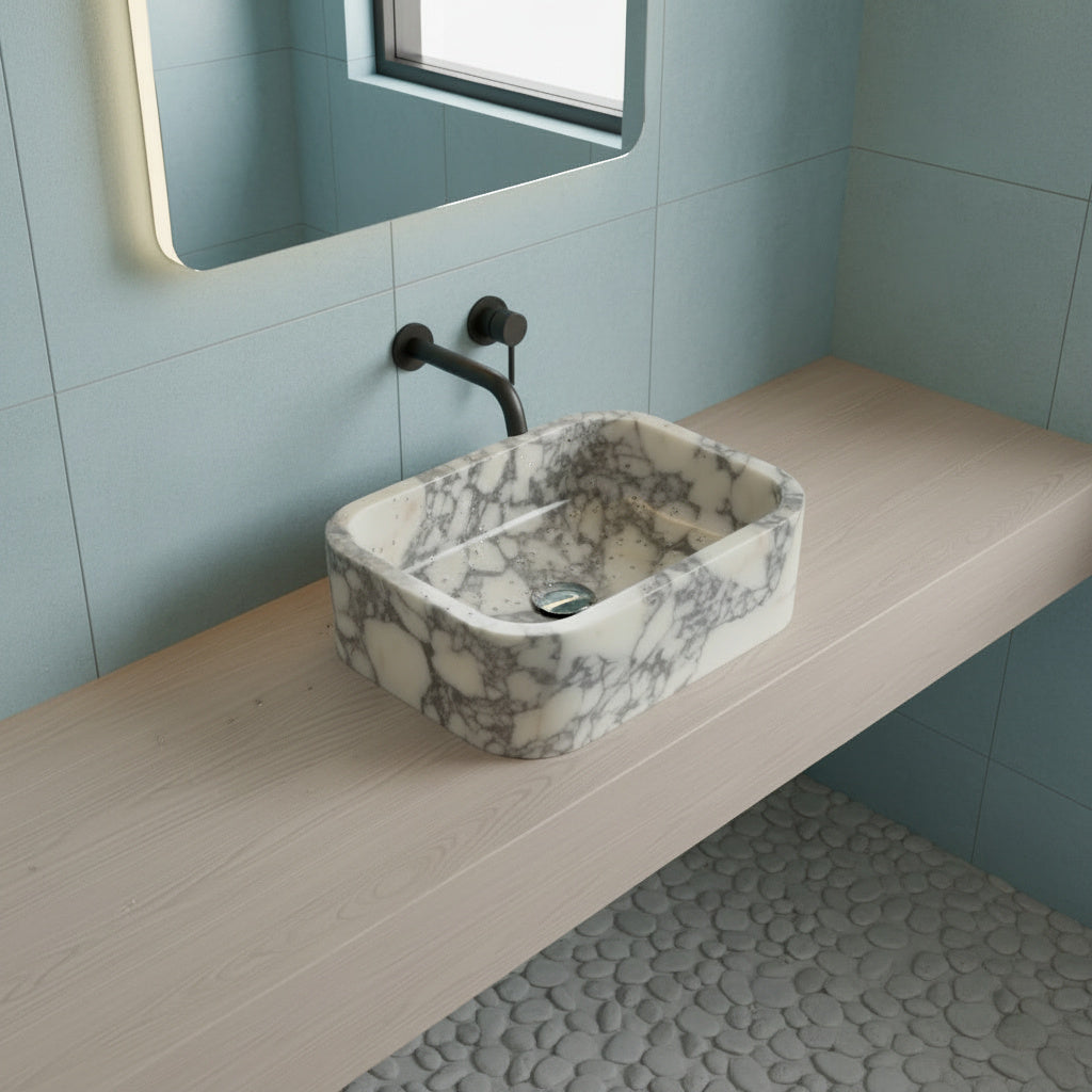 Calacatta Viola Mermer Duvara Monte Dikdörtgen Banyo Lavabosu – 30 × 46 × 15 cm