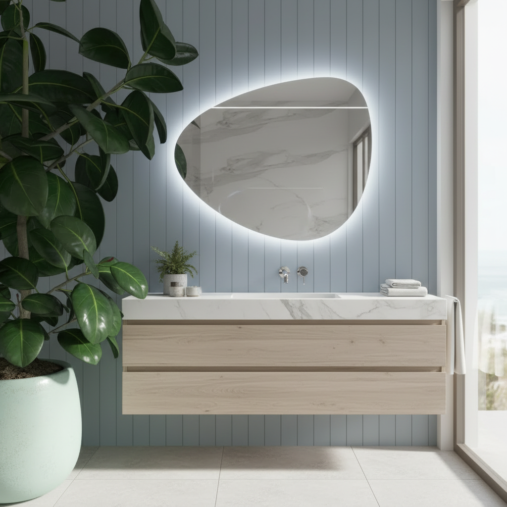 Modern Asimetrik LED Aydınlatmalı Banyo Aynası – Düzensiz Organik Formlu Dekoratif Duvar Aynası