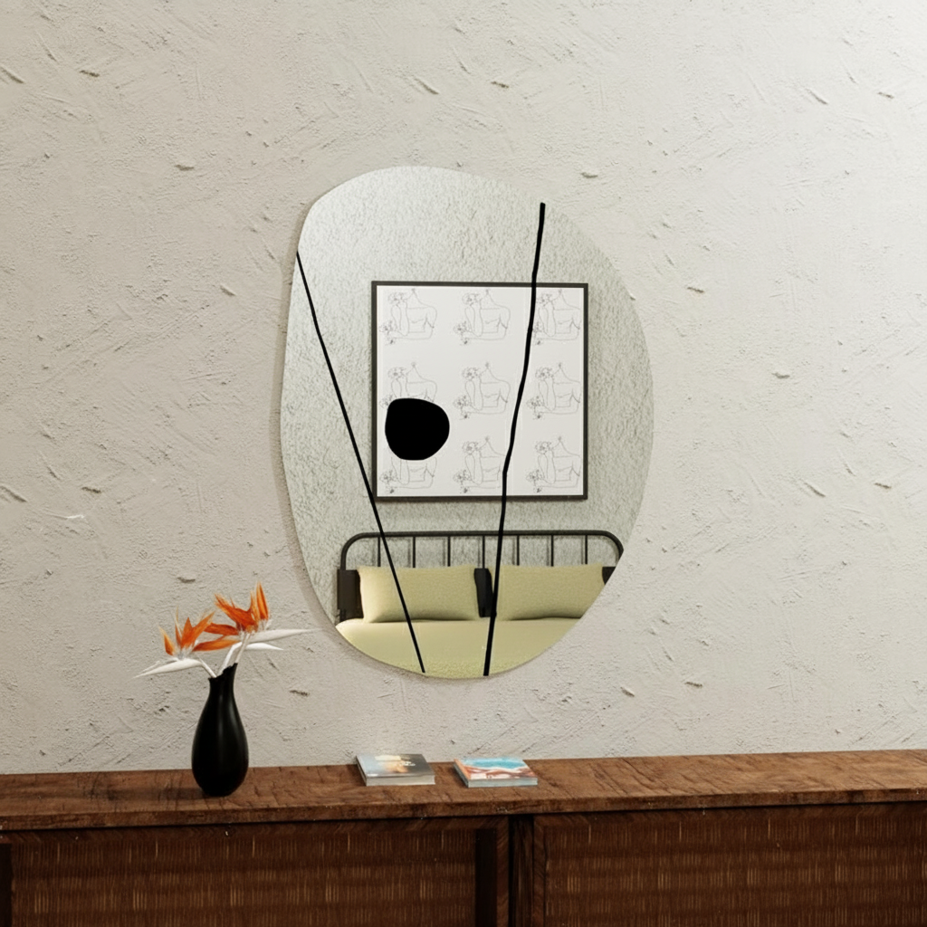 Modern Organik Form Dekoratif Duvar Aynası – Tasarım Asimetrik Banyo Aynası, Şık Minimalist Ayna Modeli