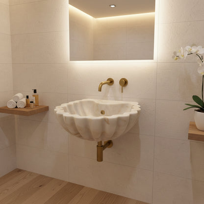 Carrara Mermer Kabuk Formu Banyo Lavabo – El Oyma Doğal Mermer Şelale Lavabo