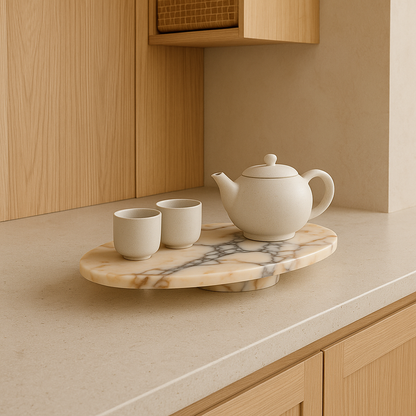 Lüks Mermer Pasta ve Ekmek Sunum Tepsisi – El Oyması Doğal Taş