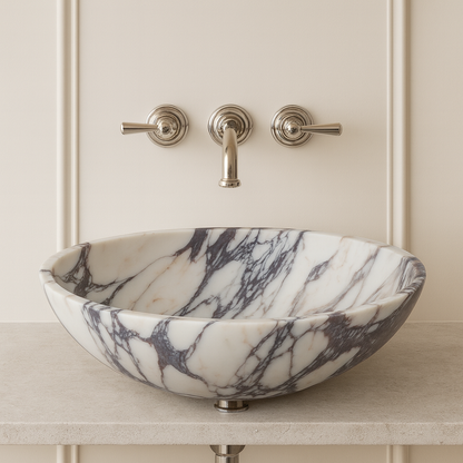 Calacatta Viola Mermer Lavabo – L36 × W46 × H13 cm | El Yapımı Doğal Mermer Banyo Lavabosu