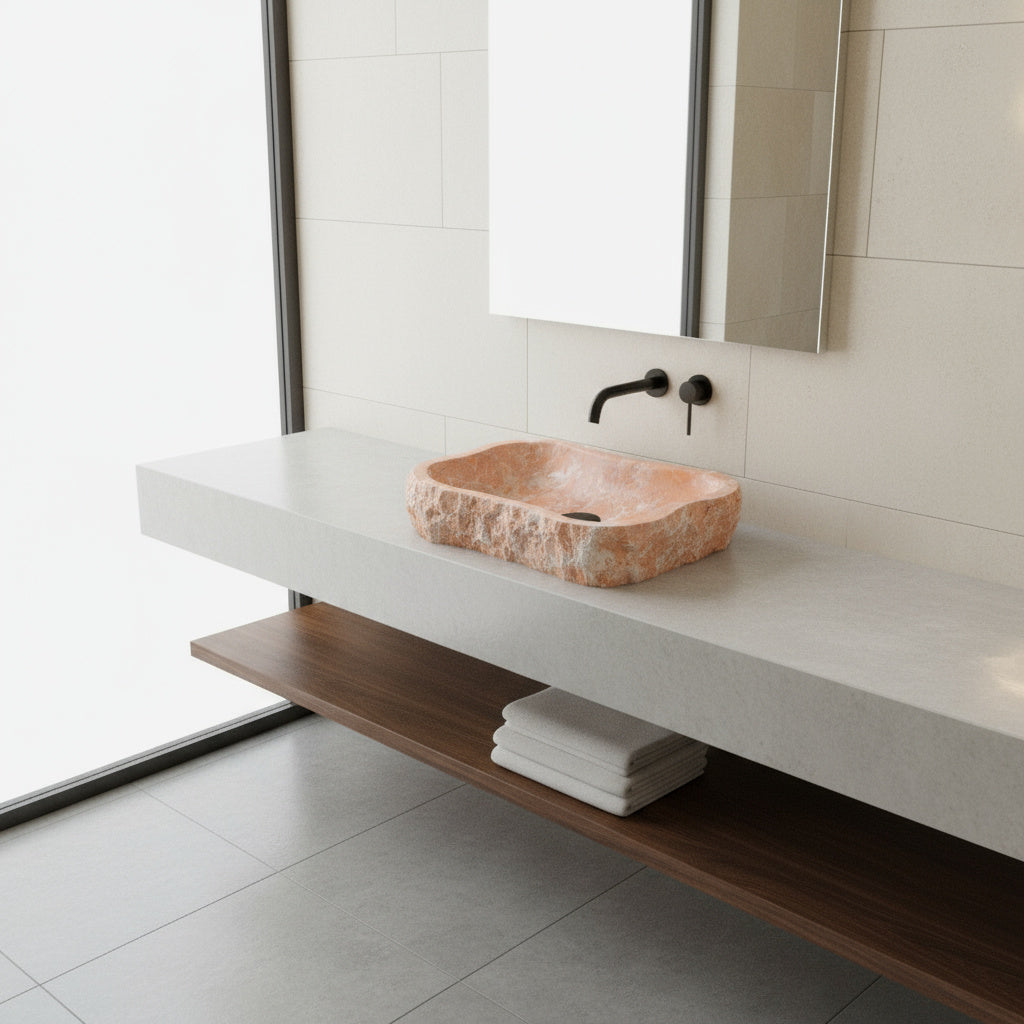 Rosa Marble Lavabo – Doğal Rosa Mermer Tezgâh Üstü Banyo Lavabosu (L 55 × W 40 × H 14 cm)