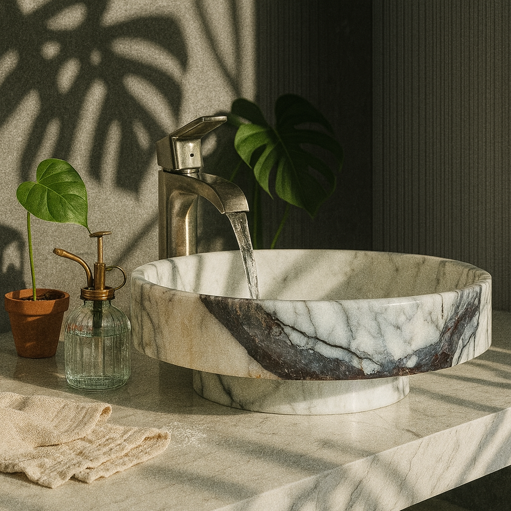 New York Mermeri Yuvarlak Doğal Taş Lavabo – 39×39×11 cm