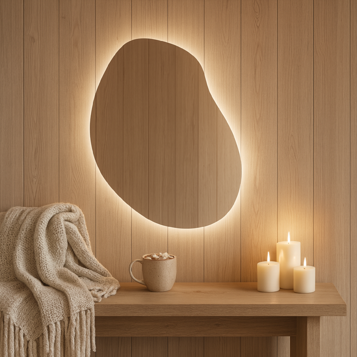 LED Işıklı Organik Banyo Aynası – Modern Asimetrik Tasarım, Arkadan Aydınlatmalı Dekoratif Ayna