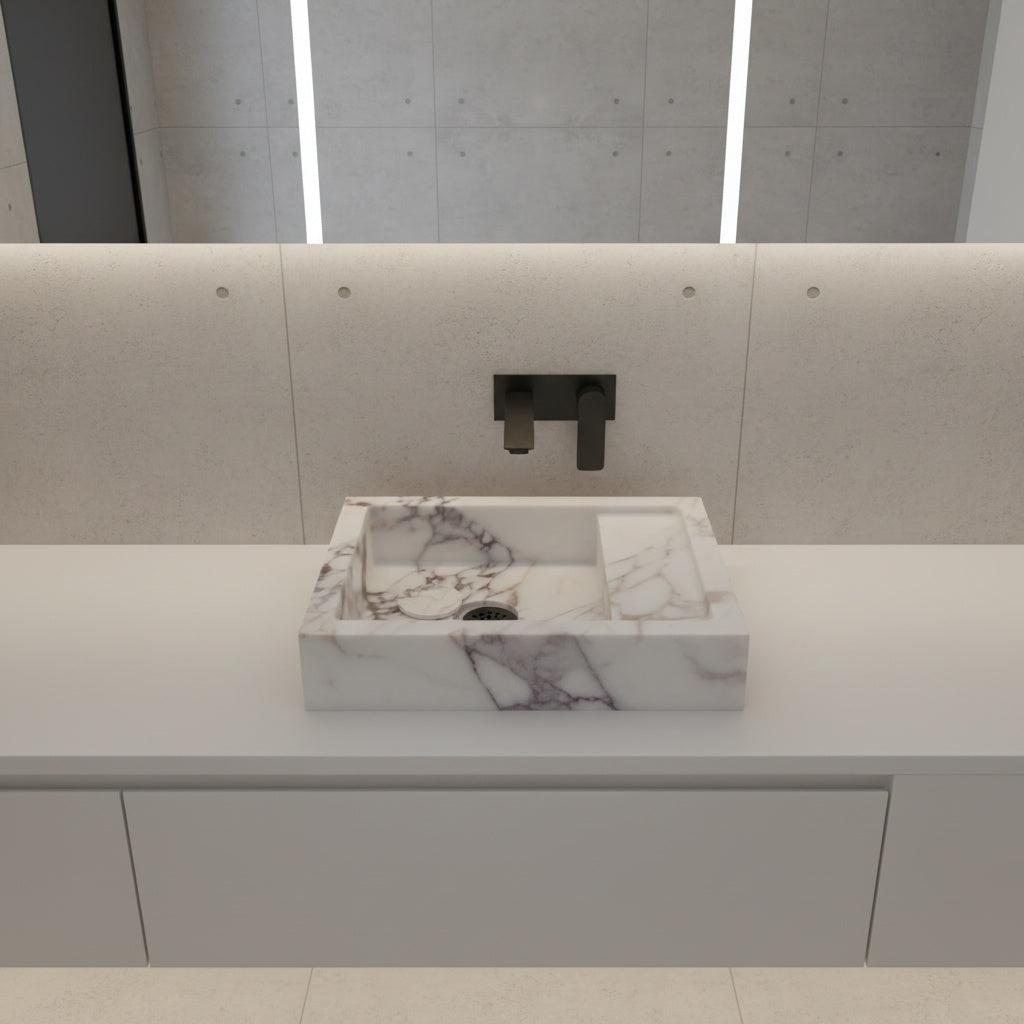 Calacatta Viola Mermer Duvara Monte Lavabo – Özel Üretim Lüks Banyo Lavabosu (36×46×13 cm)