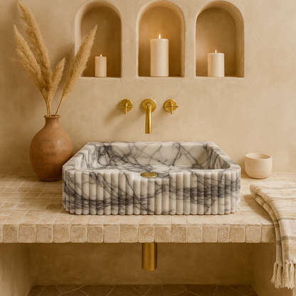 New York Mermer Duvara Monte Banyo Lavabosu – Dikdörtgen Fluted Tasarım | L61 × W36 × H15 cm