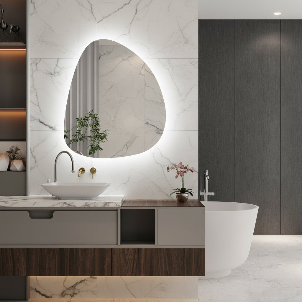 Modern Asimetrik LED Ayna – Organik Şekilli Dekoratif Banyo Aynası, Arka Işıklı Tasarım