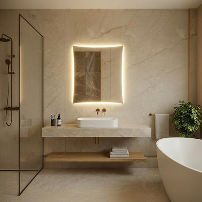 Lüks Kavisli LED Ayna – Modern Işıklı Duvar Aynası | Sıcak Işıklı Dekoratif Tasarım