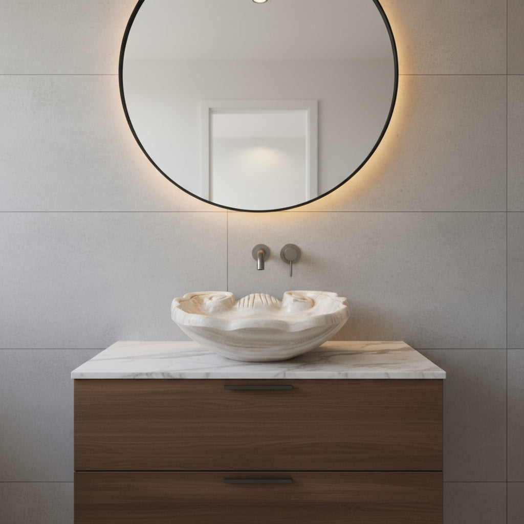 Lüks Doğal Taş Mermer Lavabo – Özel Tasarım Deniz Kabuğu Modeli