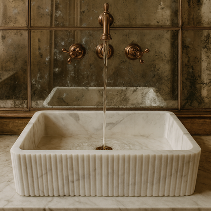 Carrara Beyaz Mermer Duvara Monte Banyo Lavabo – İnce Oyma Tasarımlı, El Yapımı Doğal Mermer Lavabo