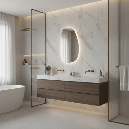 Modern Asimetrik LED Ayna – Organik Şekilli Duvar Aynası, Dekoratif Işıklı Banyo Aynası