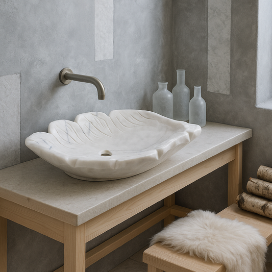 El Yapımı Mermer Yaprak Formu Lavabo – Doğal Taş Banyo Tezgâh Üstü Lavabo