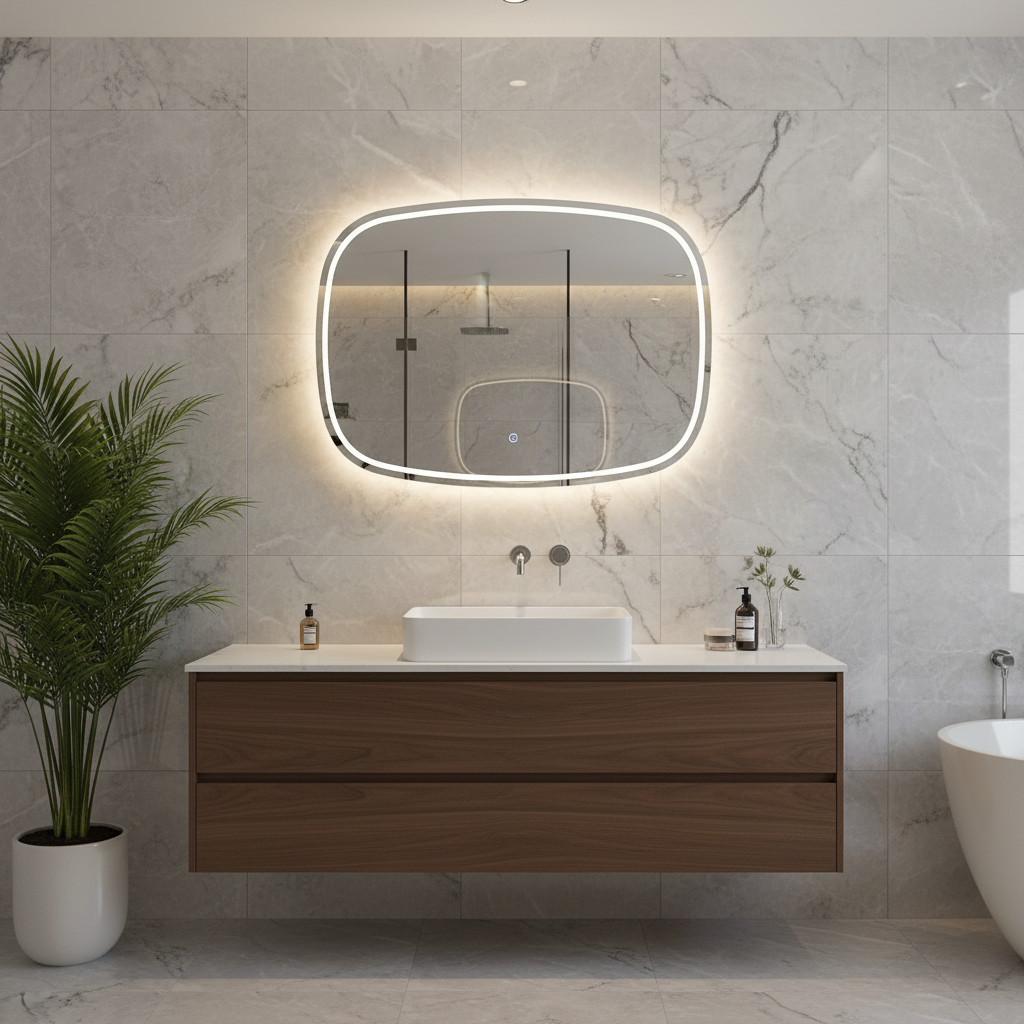 Modern LED Aydınlatmalı Organik Duvar Aynası – Asimetrik Tasarım Banyo ve Salon Dekor Aynası