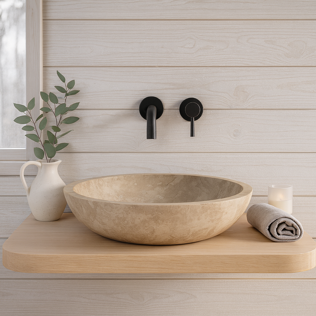 Light Travertine Mermer Lavabo – Doğal Traverten Taş Banyo Lavabosu | 40,5 × 40,5 × 10 cm