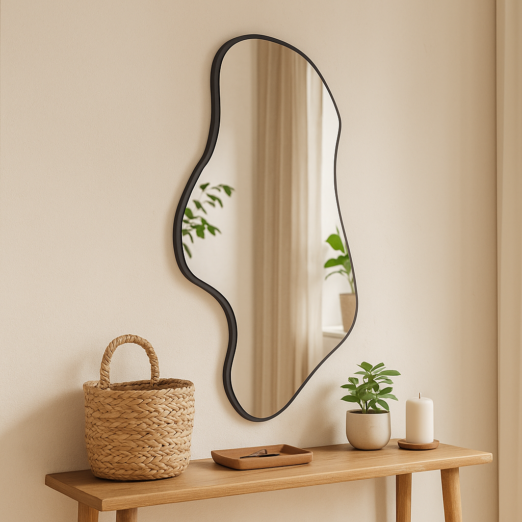 Dalgalı Çerçeveli Asimetrik Ayna – Banyo ve Dekor İçin Irregular Organik Form Duvar Aynası