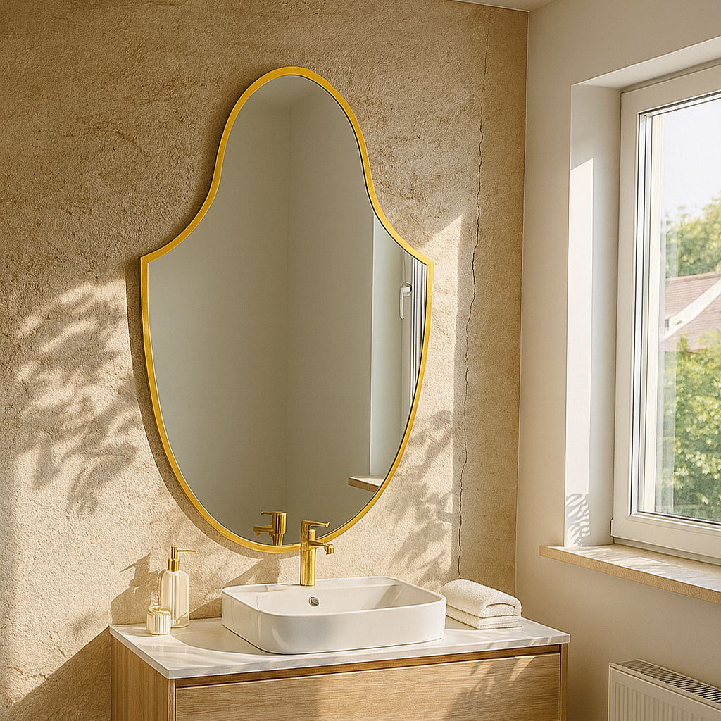 Altın Çerçeveli Dekoratif Duvar Aynası – Modern Oval Salon Aynası Tasarımı