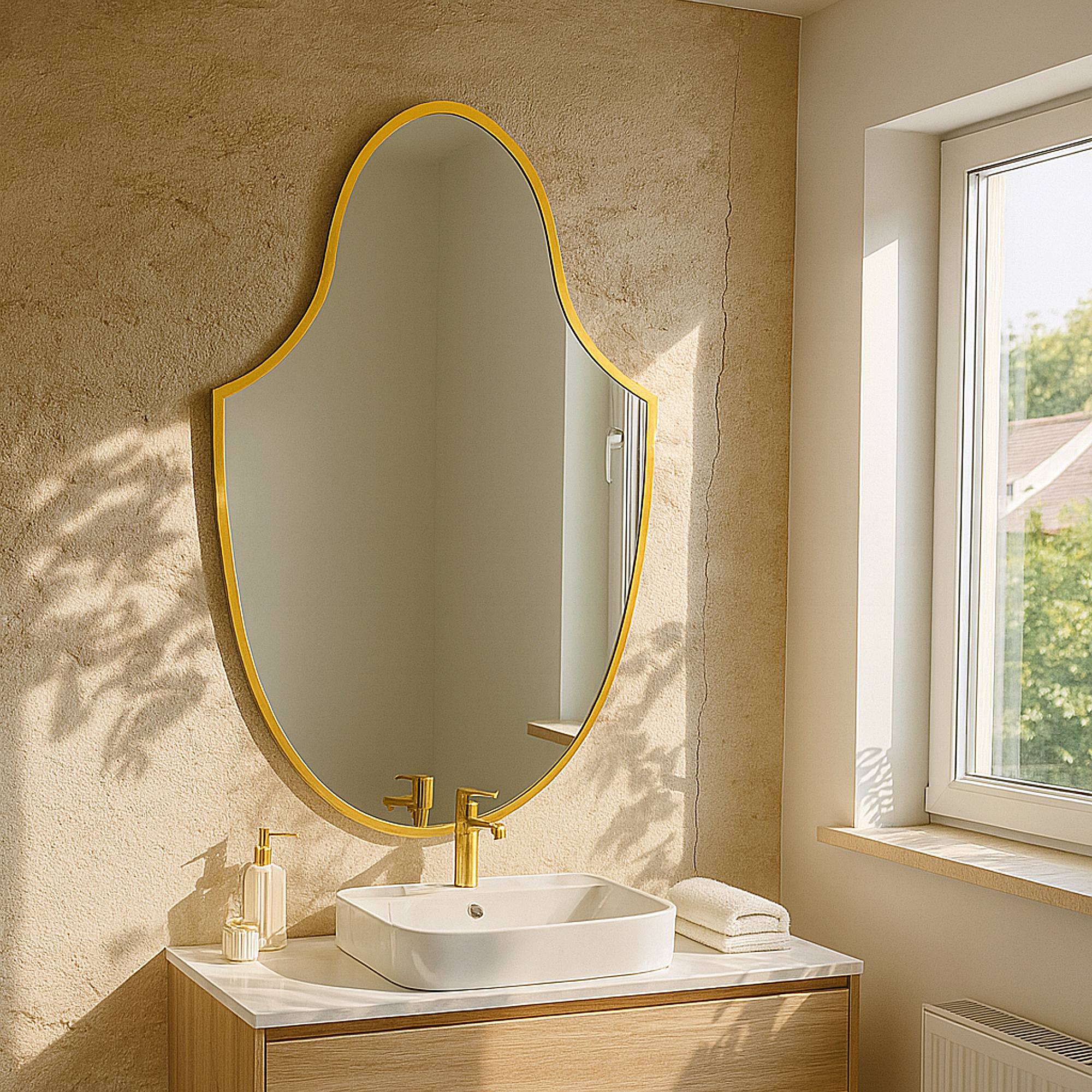 Altın Çerçeveli Dekoratif Duvar Aynası – Modern Oval Salon Aynası Tasarımı