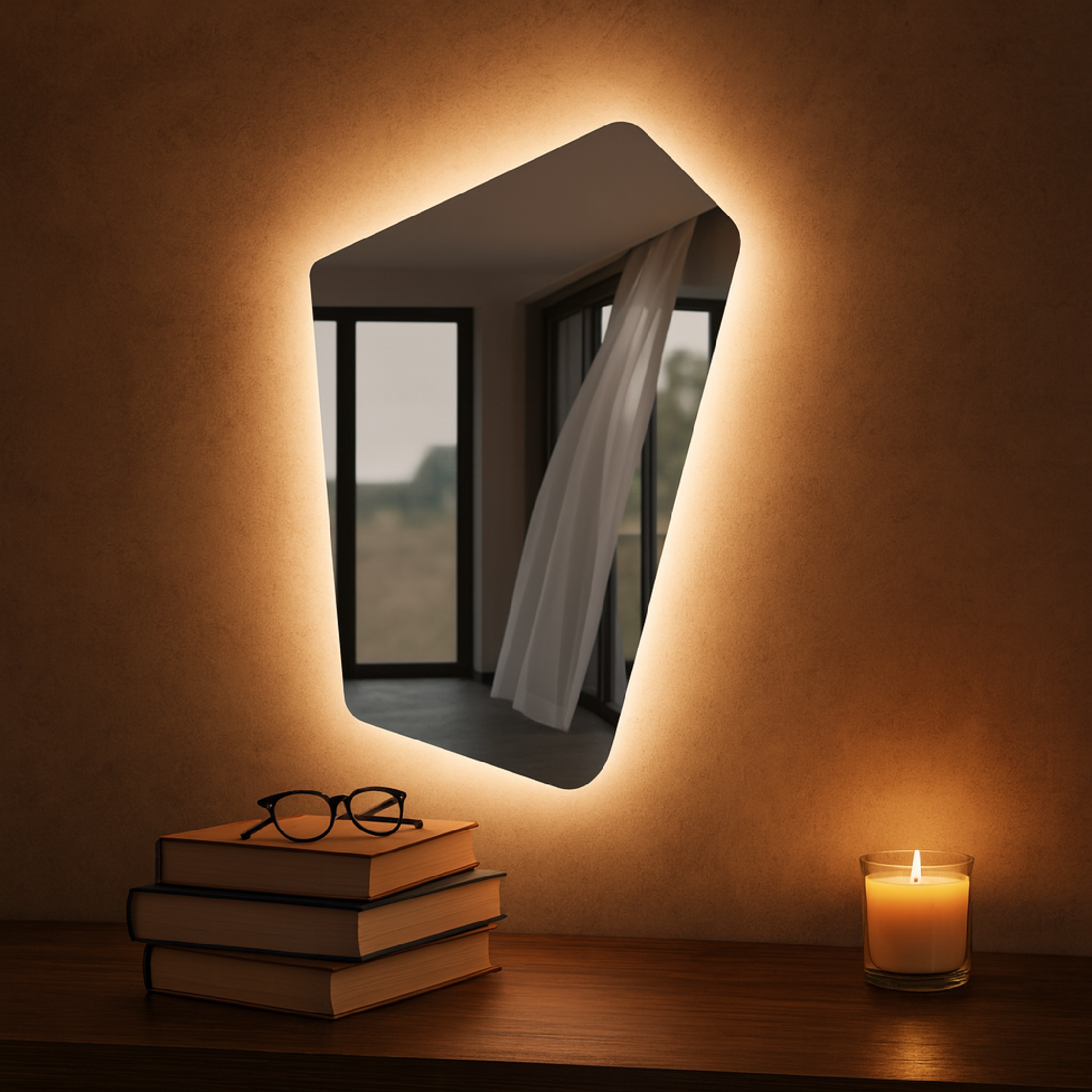 Asimetrik LED Işıklı Ayna – Minimal ve Şık Düzensiz Form Banyo Duvar Aynası