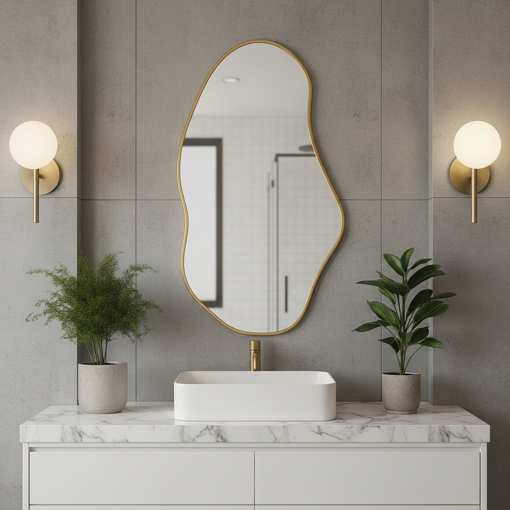 Modern Asimetrik Duvar Aynası – Organik Form Çerçeveli Dekoratif Banyo ve Salon Aynası