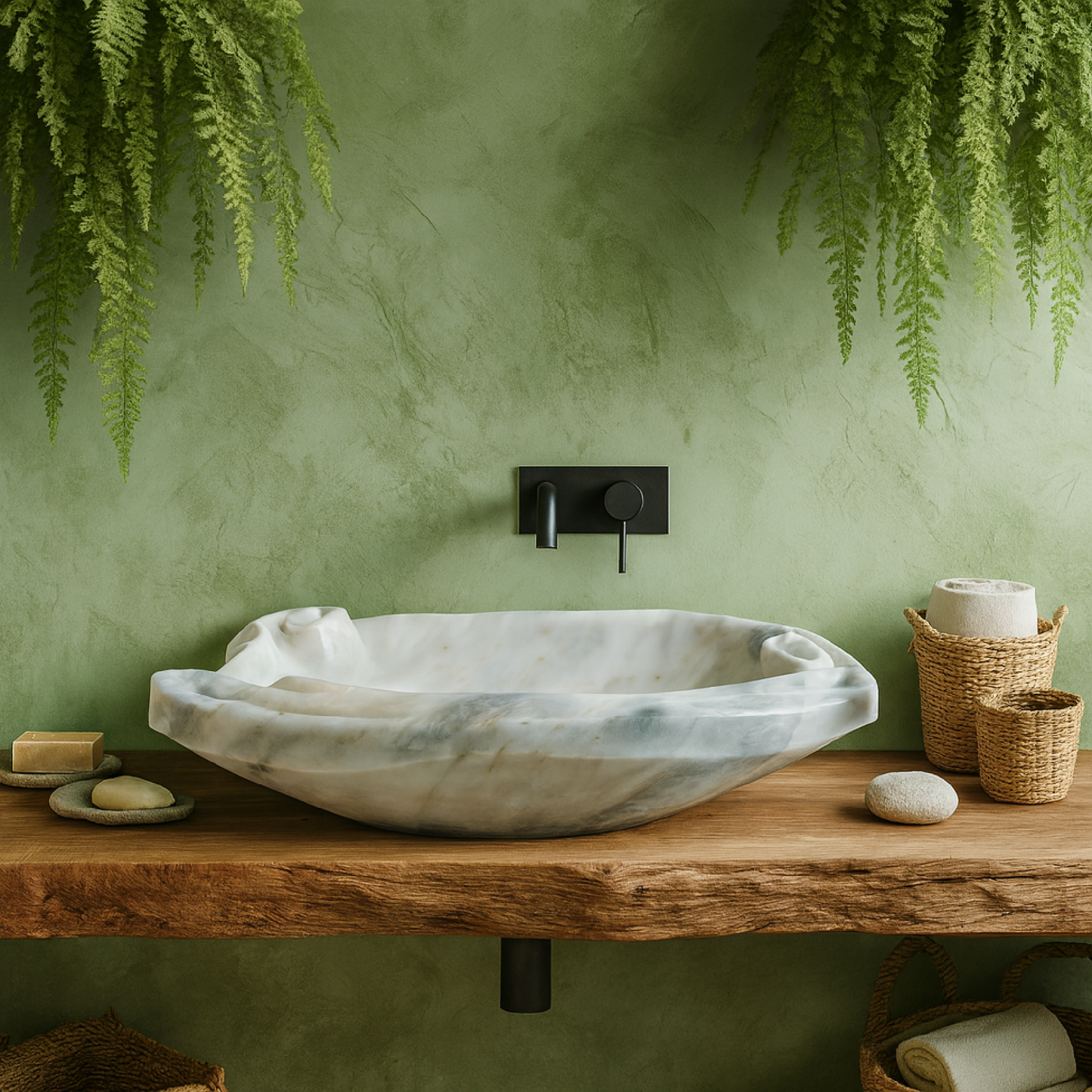 Organik Formlu Mermer Lavabo – Modern Doğal Taş Tezgâh Üstü Banyo Lavabosu (L 60 × W 45 × H 15 cm)