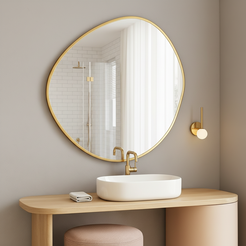 Modern Organik Form Banyo Aynası – Çerçeveli Asimetrik Ayna, Tasarım Duvar Aynası, Mermer Banyo İçin Şık Dekoratif Ayna